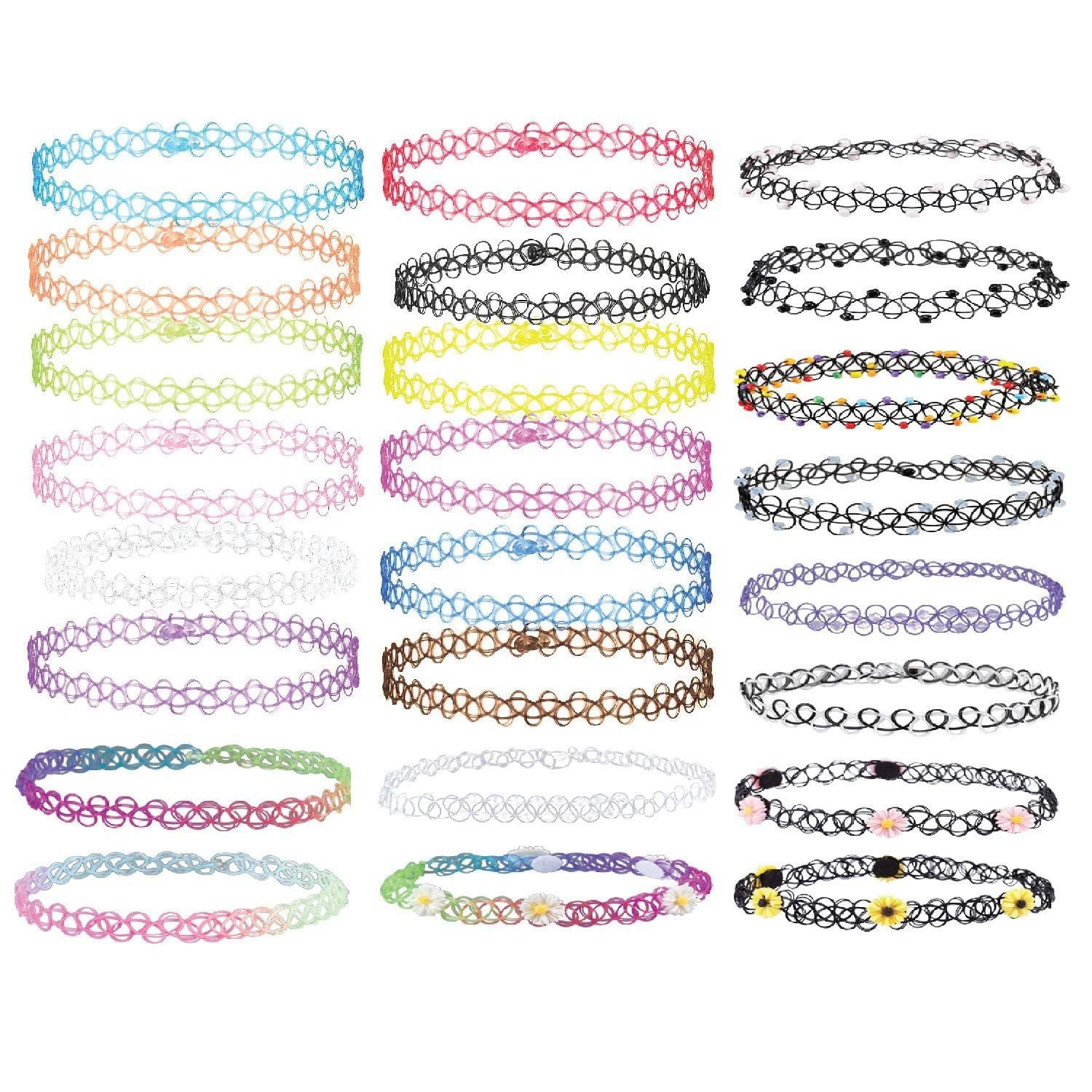 24 Pcs Multicolor Soft Stretchy Plastic Chokers Necklaces For Women Gothic Henna Tattoo Stretch Elastic Plastic Bohemia Jewelry