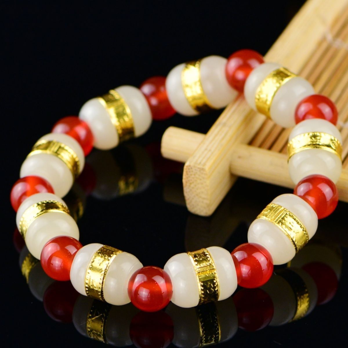 24k Yellow Gold Hetian Jade Bead With Red Agate Link Bracelet 6.3inchL Jewelry Gift Wholesalejade bracelet jewelry for women