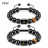26 Letter Natural Stone Bracelets 10mm Black Onyx Tiger Eye Beads Bracelet Braided Rope Initial Bracelet for Men Adjustable
