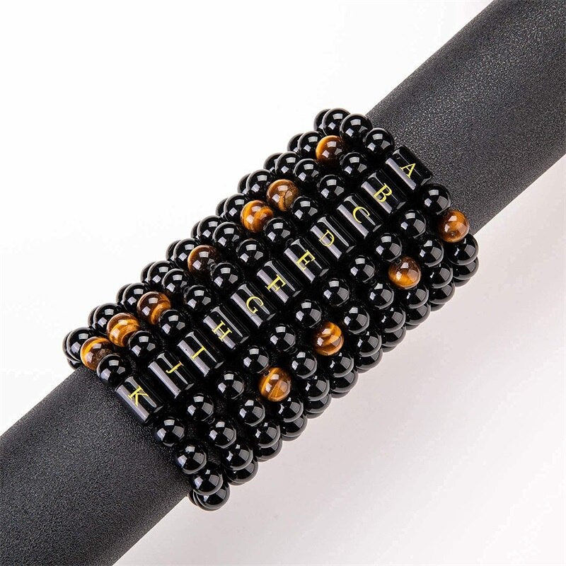 26 Letter Natural Stone Bracelets 10mm Black Onyx Tiger Eye Beads Bracelet Braided Rope Initial Bracelet for Men Adjustable