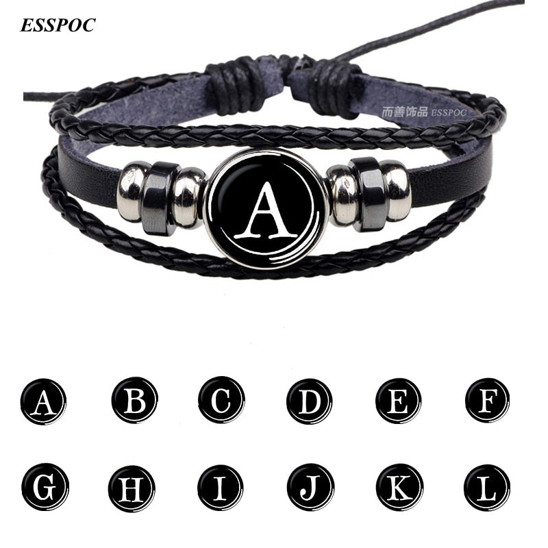 26 Letters Bracelet Personality Team Name Rope Bracelet Black Leather Bracelet Button Bangle Men Women  Birthday Gifts