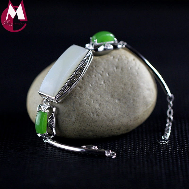 28*9mm Big Natural Jade Charm Bracelet Genuine 925 Sterling Silver Bangle For Women Vintage Style Jasper Gift Fine Jewelry SB80