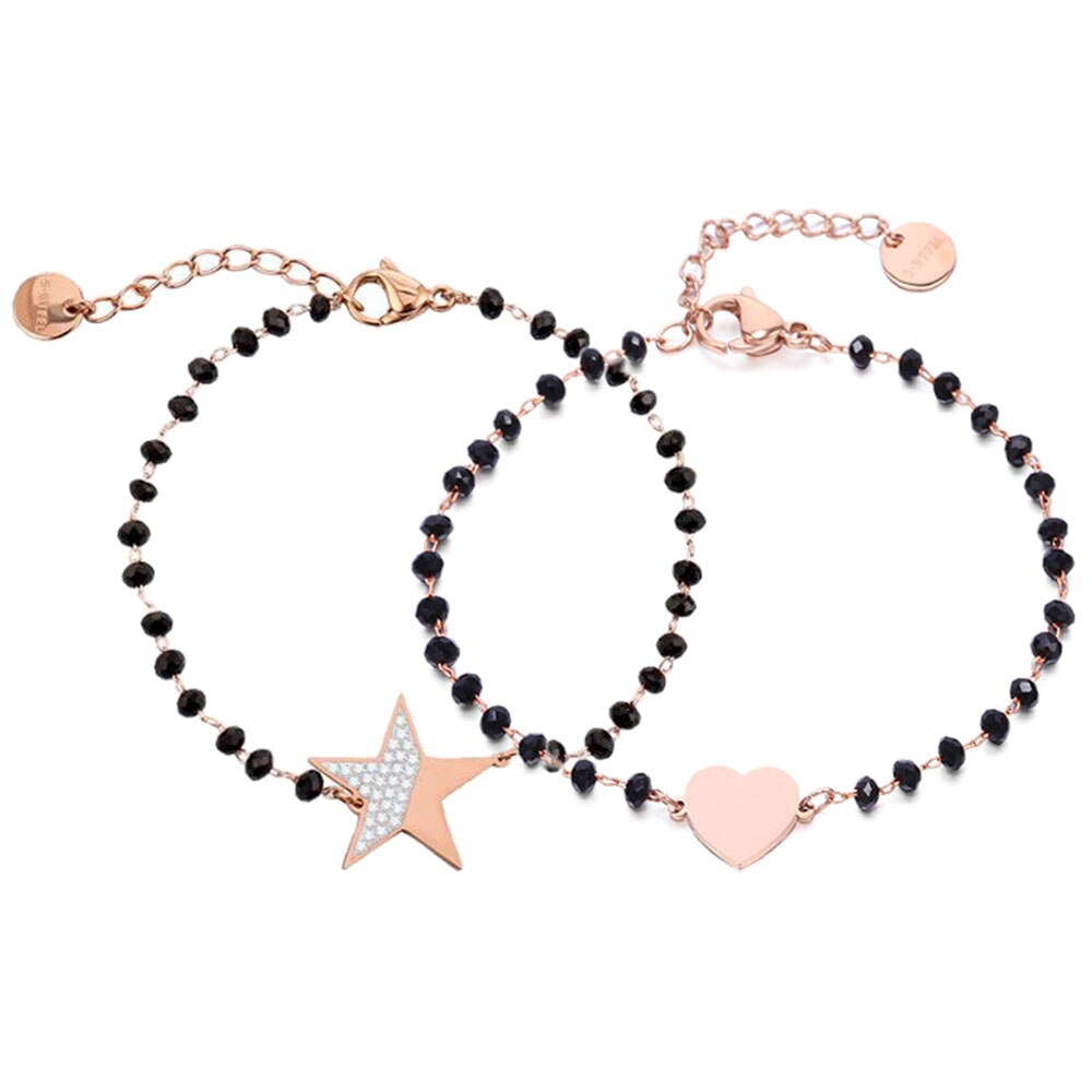 2PC Simple Design Love Heart Star Beaded Bracelets Set For Women Black Crystal Silvery Bracelet Pairs Couple Jewelry