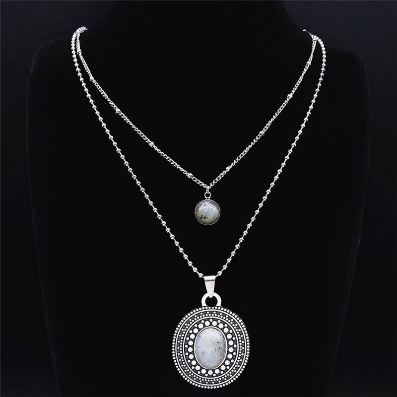 2PCS Boho Flash Stone Stainless Steel Charm Necklaces Women Silver Color Necklace Jewelry sautoir femme long boheme N3606S04