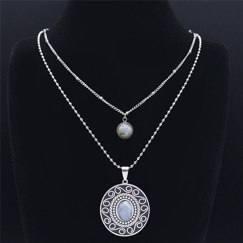2PCS Boho Flash Stone Stainless Steel Charm Necklaces Women Silver Color Necklace Jewelry sautoir femme long boheme N3606S04