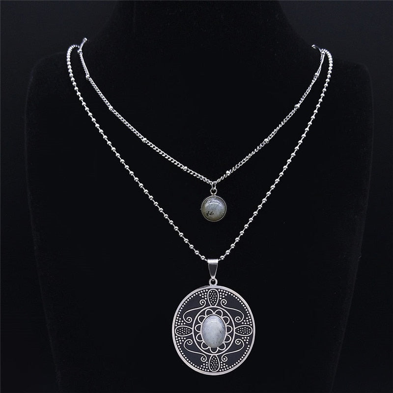 2PCS Boho Flash Stone Stainless Steel Charm Necklaces Women Silver Color Necklace Jewelry sautoir femme long boheme N3606S04