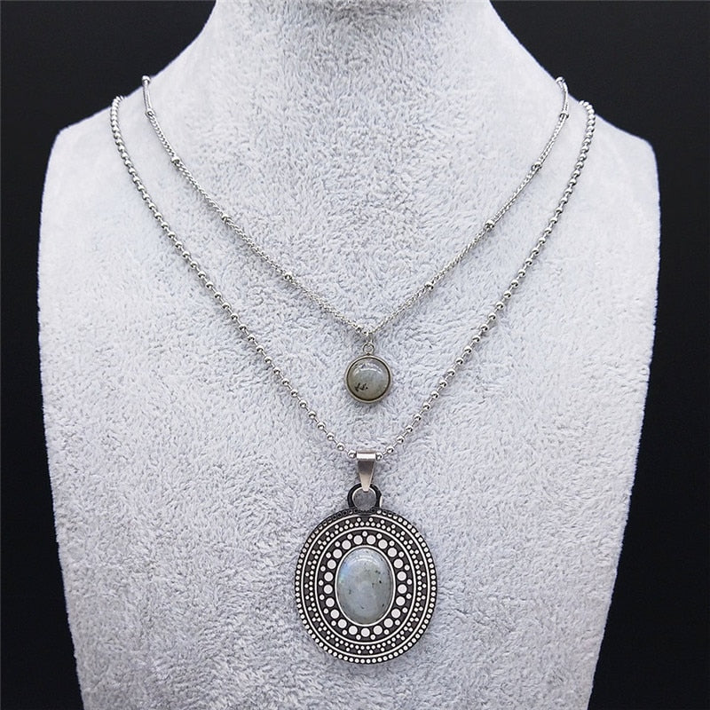 2PCS Boho Flash Stone Stainless Steel Charm Necklaces Women Silver Color Necklace Jewelry sautoir femme long boheme N3606S04