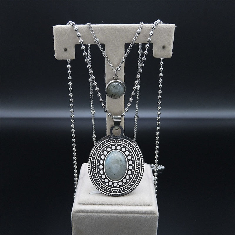2PCS Boho Flash Stone Stainless Steel Charm Necklaces Women Silver Color Necklace Jewelry sautoir femme long boheme N3606S04
