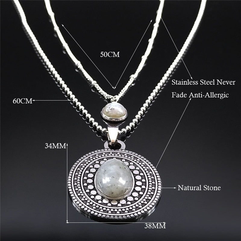 2PCS Boho Flash Stone Stainless Steel Charm Necklaces Women Silver Color Necklace Jewelry sautoir femme long boheme N3606S04
