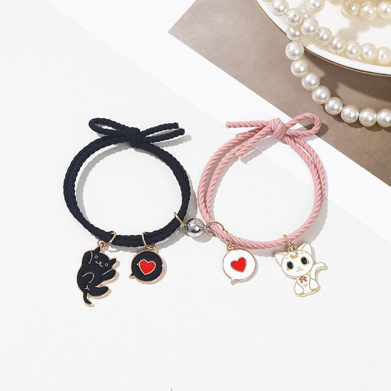 2PCS Couple Bracelets for Women Men Charm Black and White Couple Cat Rope Braided Long Distance Magnetic Bracelet Lover Jewelry