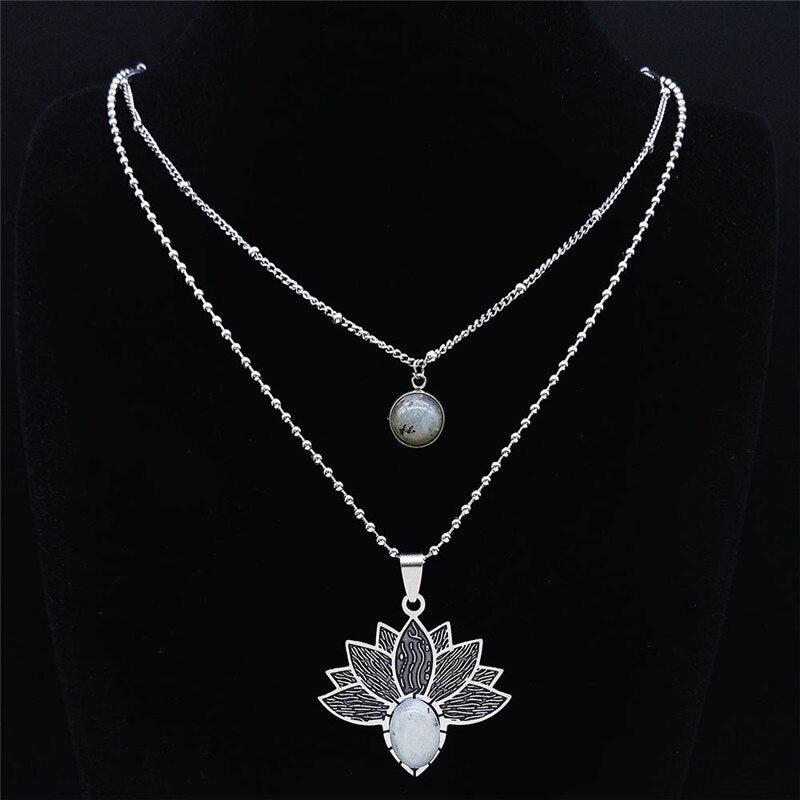 2PCS Flash Stone Stainless Steel Boho Necklaces Silver Color Layered Charms Necklace Jewelry sautoir femme long boheme N3603S04