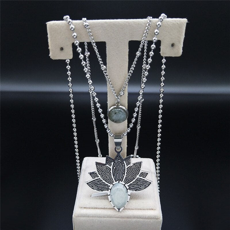 2PCS Flash Stone Stainless Steel Boho Necklaces Silver Color Layered Charms Necklace Jewelry sautoir femme long boheme N3603S04