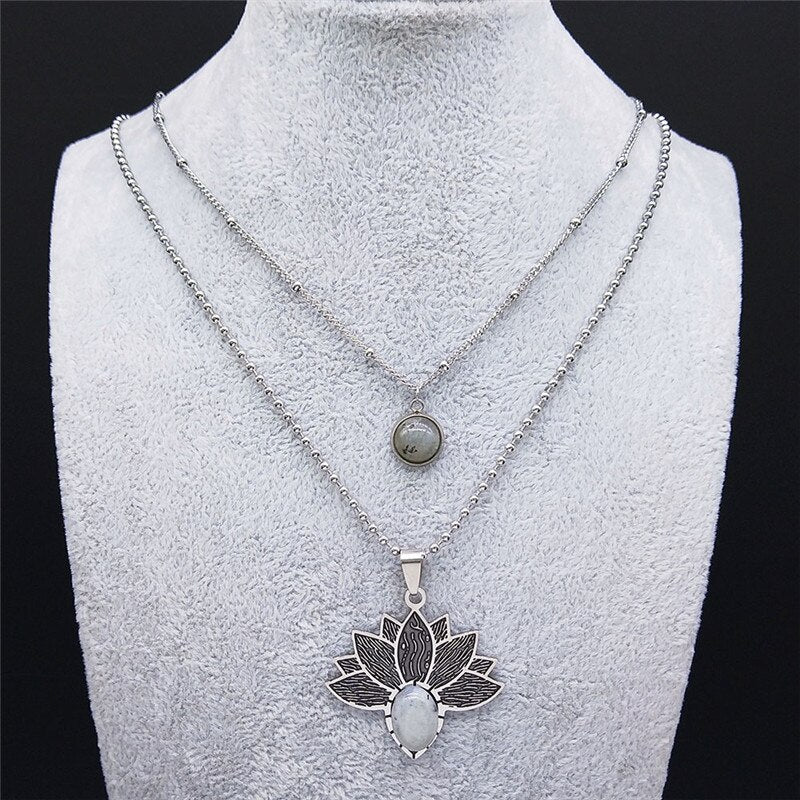 2PCS Flash Stone Stainless Steel Boho Necklaces Silver Color Layered Charms Necklace Jewelry sautoir femme long boheme N3603S04