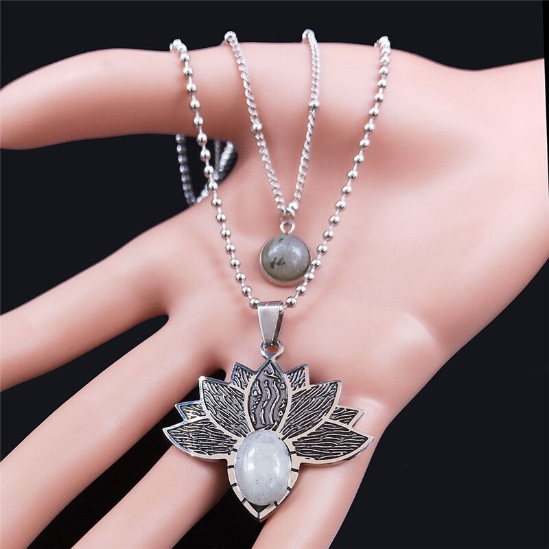 2PCS Flash Stone Stainless Steel Boho Necklaces Silver Color Layered Charms Necklace Jewelry sautoir femme long boheme N3603S04