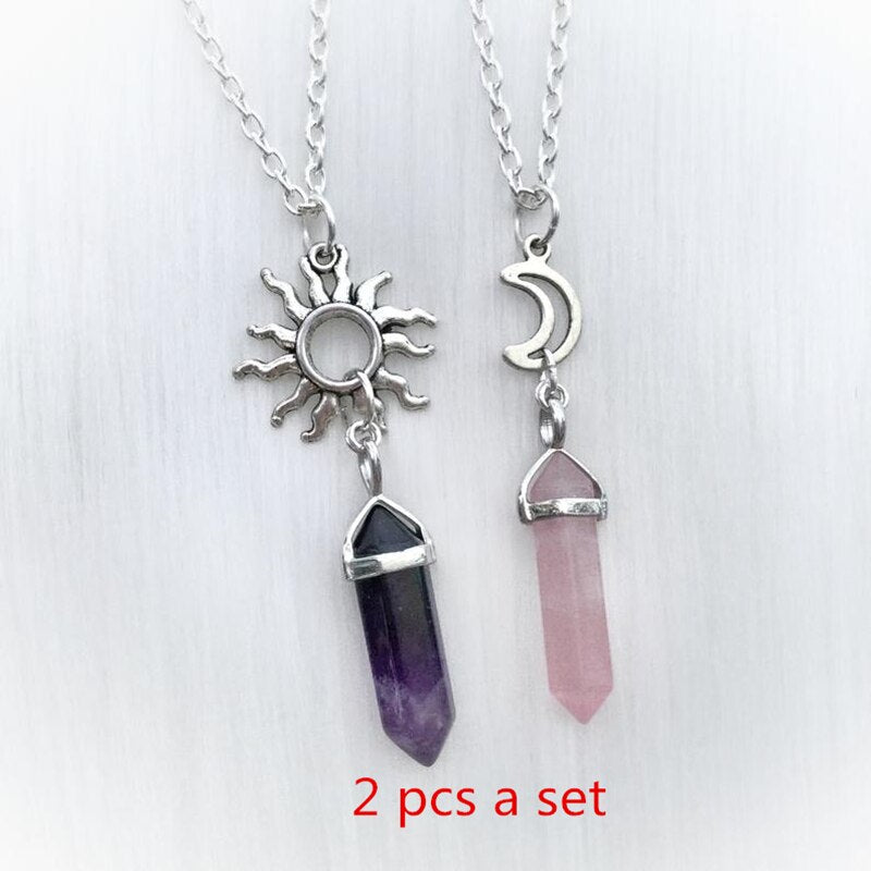 2PCS Natural Stone Hexagonal Column Crystal Pendant Sun and Moon Charm Friends Jewelry Purple Pink Bullet Stone Women Gift