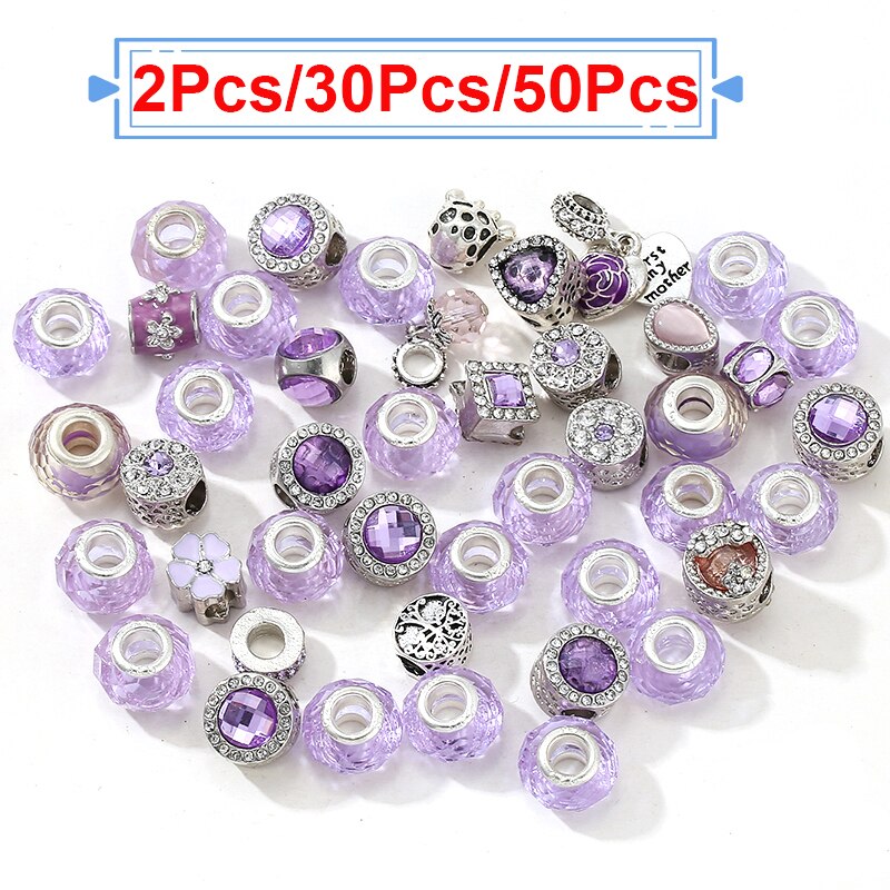 2Pcs/50Pcs/100Pcs Mixed Delivery Purple Glass Beads Charms Fit Original Brand Bracelets Necklaces For Women DIY Jewelry Making