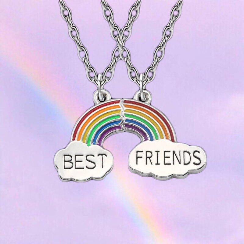 2Pcs Friend Necklaces For Lovers Couple Rainbow Stitching Pendant Necklace Statement Choker Friendship BFF Jewelry Gift
