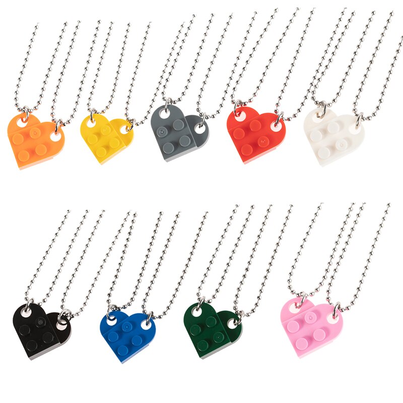 2Pcs Cute Love Heart Brick Pendant Necklace for Couples Friendship Women Men Lego Elements Couple Valentines Gifts Punk Necklace