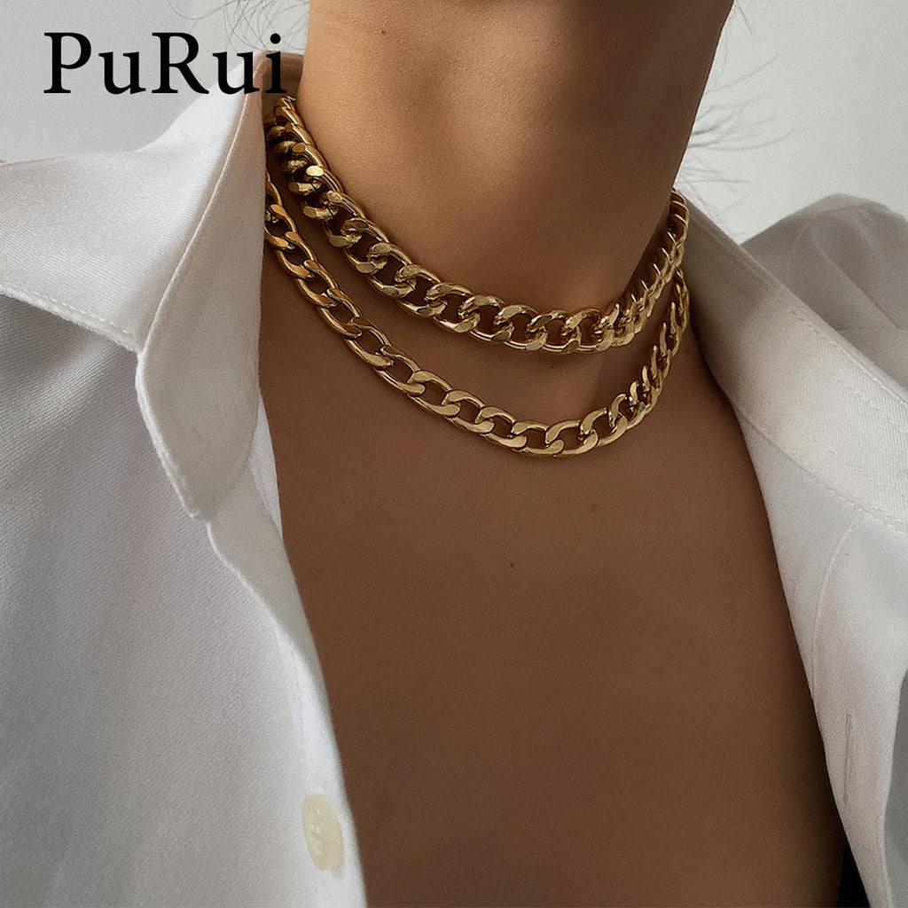 2Pcs Gold Color Metal Choker Collar Necklace Multi Layer Chain Necklace Women Simple Short Collar Necklace Jewelry