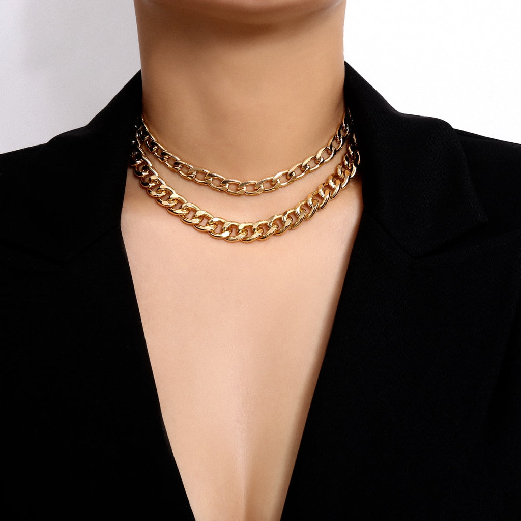 2Pcs Gold Color Metal Choker Collar Necklace Multi Layer Chain Necklace Women Simple Short Collar Necklace Jewelry