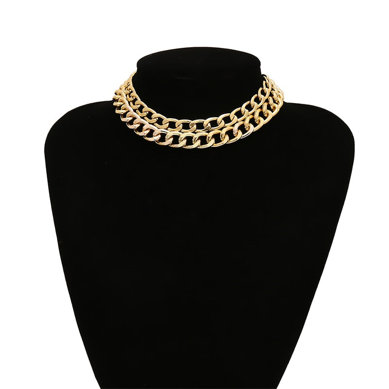 2Pcs Gold Color Metal Choker Collar Necklace Multi Layer Chain Necklace Women Simple Short Collar Necklace Jewelry