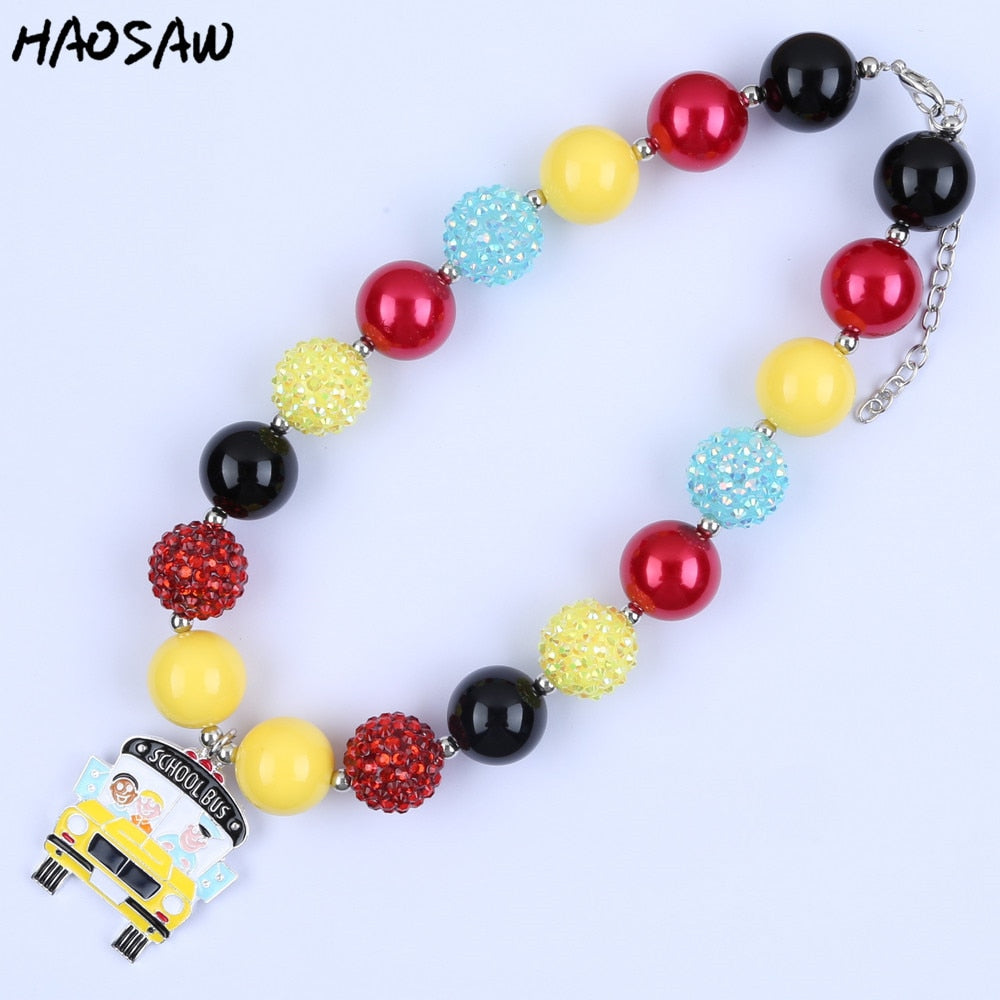 2Pcs/Lot Fashion Fine Jewelry Kids Handmade Charms Beaded Acrylic Necklace With Alloy Scho Bus Pendant KQNL-410864