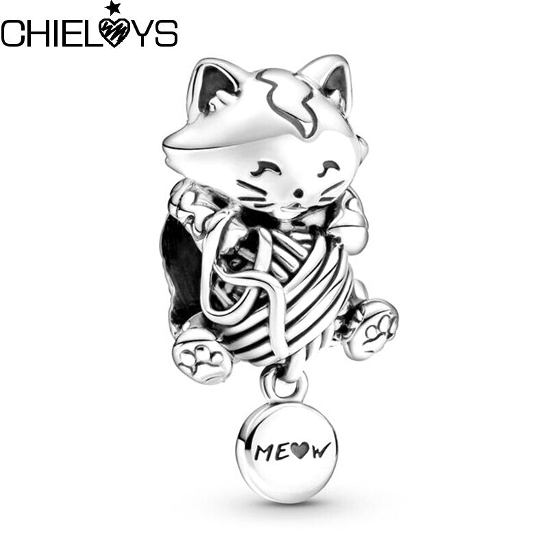 2Pcs/Lot Kitten With Ball of Yarn Dangles Beads Charm Fits DIY Bracelets Necklace For Women Men Kids Jewelry Gift Accessories