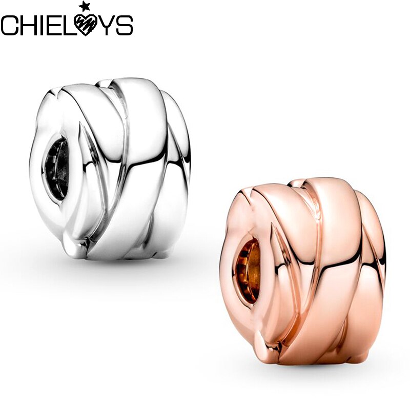 2Pcs/Lot Rose Gold Polished Ribbon Pattern Zircon Charms Beads Fit Original Brand Silver Color Bracelets Women DIY Jewelry