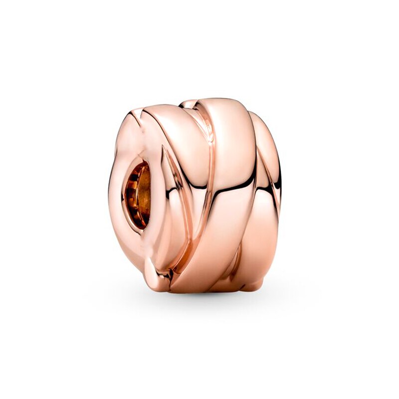 2Pcs/Lot Rose Gold Polished Ribbon Pattern Zircon Charms Beads Fit Original Brand Silver Color Bracelets Women DIY Jewelry