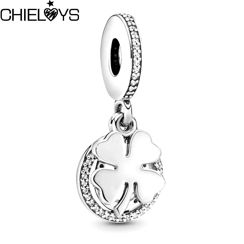 2Pcs/Lot Silver Color Bead Lucky Clover Dangle Charm Fit Original Brand Bracelet Necklaces DIY Jewelry For Women