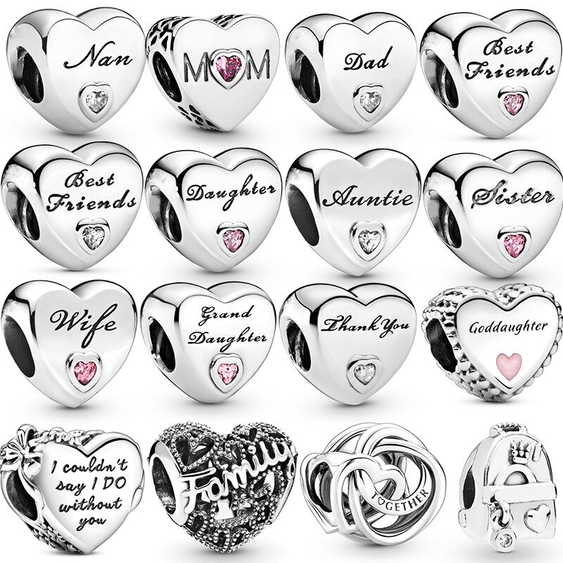 2Pcs/Lot Silver Color Love Heart Charm Beads Fits Original DIY Bracelets Necklaces For Women Wife Friend Father Mother Jewelry