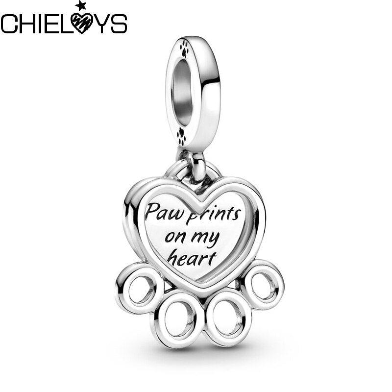 2Pcs/Lot Silver Color Love & Paw Prints Beads Charm Pendant Fits DIY Bracelets Necklace For Women Men Jewelry Gift Accessories
