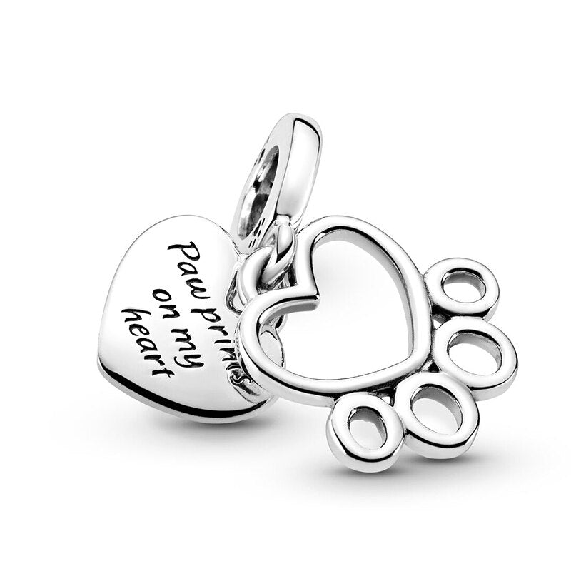 2Pcs/Lot Silver Color Love &amp; Paw Prints Beads Charm Pendant Fits DIY Bracelets Necklace For Women Men Jewelry Gift Accessories