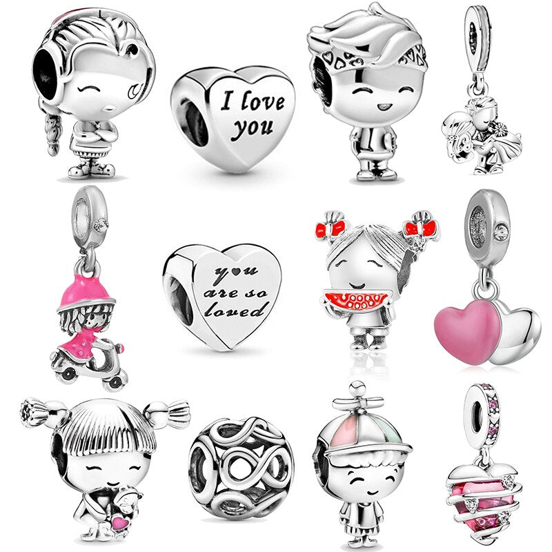 2Pcs/Lot Silver Plated Boy Girl Bestfriends Beads Pendant Fit Original Brand Charms Bracelets for Women Valentine's Day Jewelry