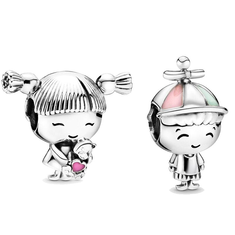 2Pcs/Lot Silver Plated Boy Girl Bestfriends Beads Pendant Fit Original Brand Charms Bracelets for Women Valentine's Day Jewelry
