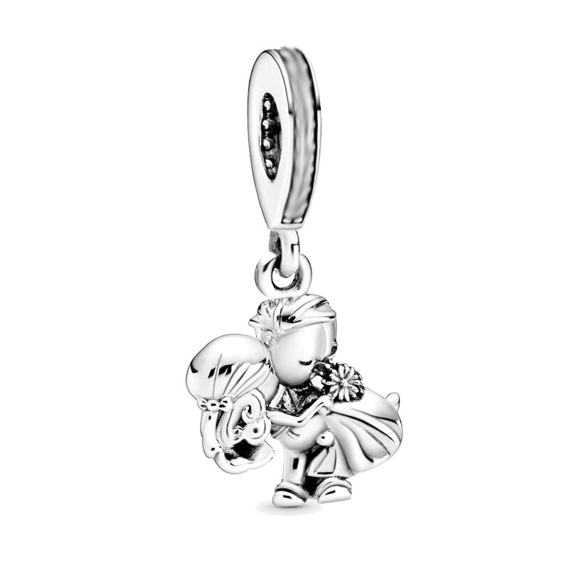 2Pcs/Lot Silver Plated Boy Girl Bestfriends Beads Pendant Fit Original Brand Charms Bracelets for Women Valentine's Day Jewelry