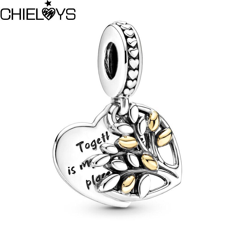 2Pcs/Lot Two-color Family Tree Heart Shape Beads Charm Pendant Fit DIY Brand Bracelets Necklaces For Women Wife Jewelry Making