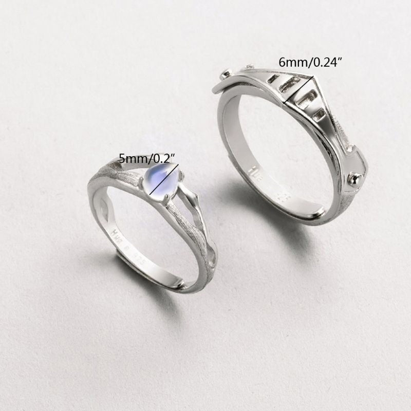 2Pcs Moonstone Princess and Knight Lover Matching Open Band Rings Kit Couple Rings Wedding Promise Ring Set Adjustable