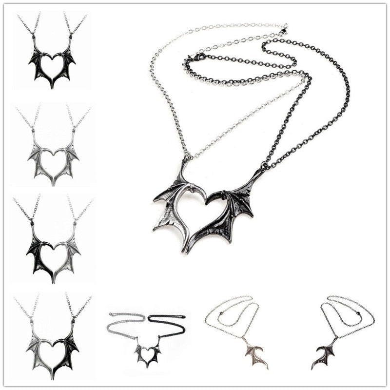 2Pcs Personality Punk Heart Wing Necklace Lovers Vinatge Bat Wing Heart Couples Pendant Necklace Set  Jewerly