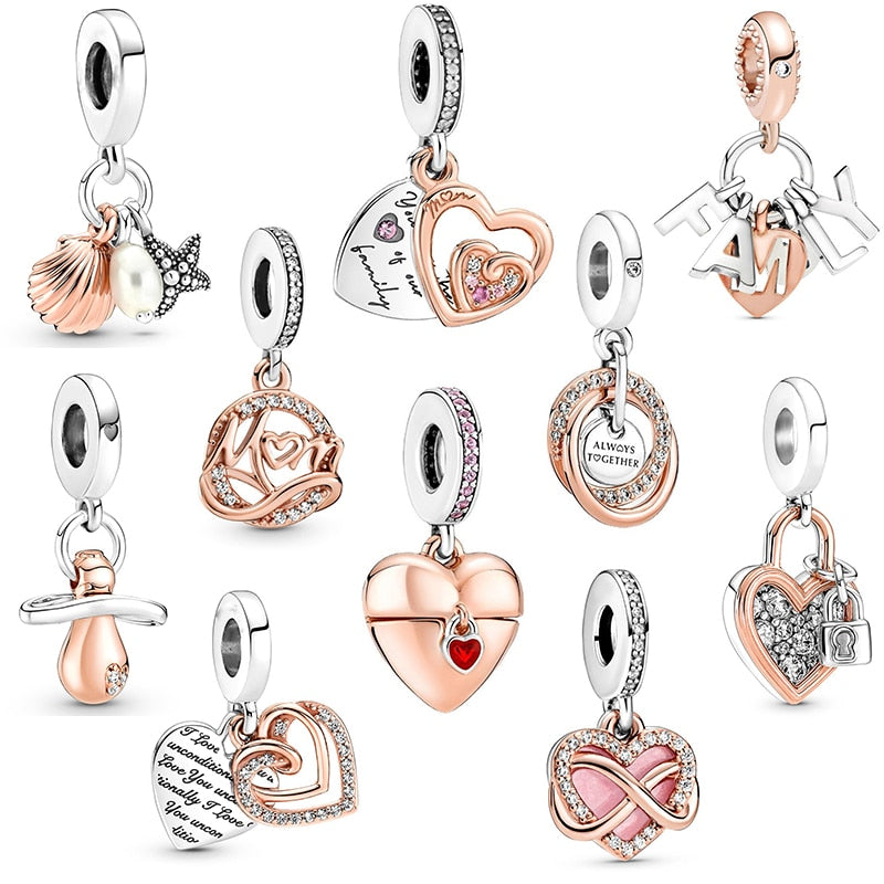 2Pcs Rose Gold MOM Heart Starfish Shell Charm Beads Fits Original DIY Bracelets Necklaces For Women Men Jewelry Accessories Gift