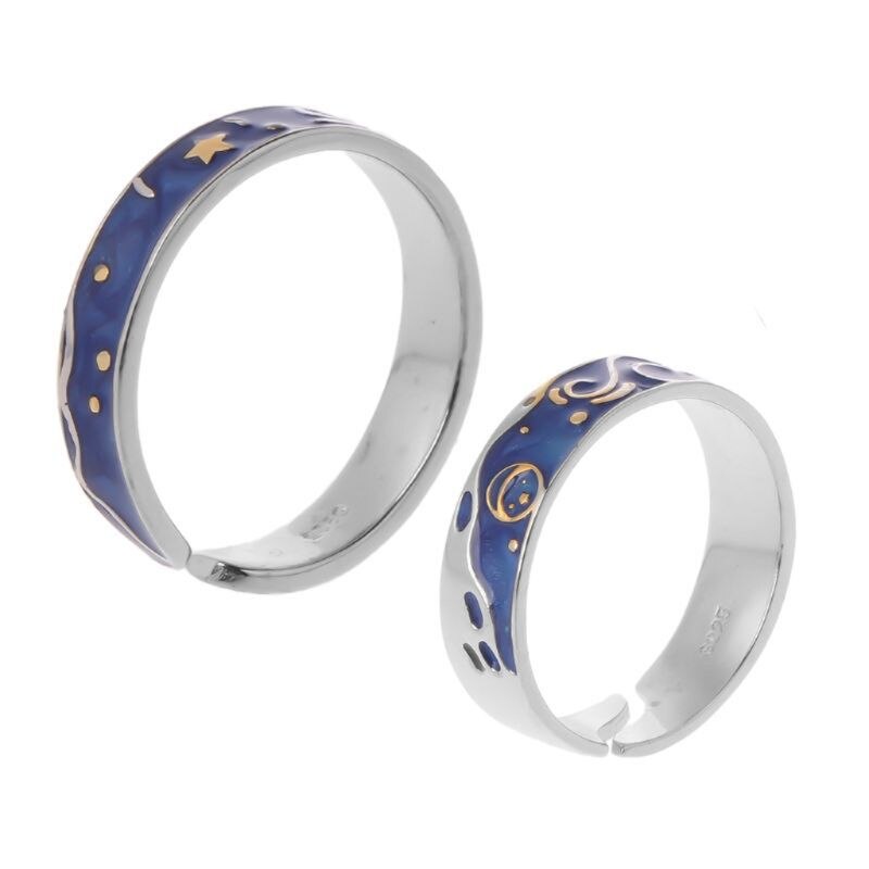 2Pcs S925 Silver Plated Van Gogh Blue Starry Sky Open Lover Rings Band Love Forever Ring Set Romantic Jewelry