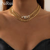 2Pcs/Set Hip Hop Iced Out Rhinestones Curb Cuban Link Chain Choker Necklace for Women Miami Thick Chain Choker Rapper Jewelry