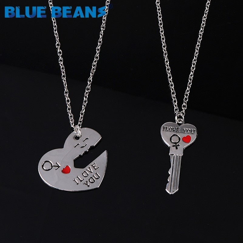 2Pcs/Set Romantic Couple Necklaces Engrave I Love You Love Heart&Key chains pendants Silver Color Chain Collares jewerly Selling