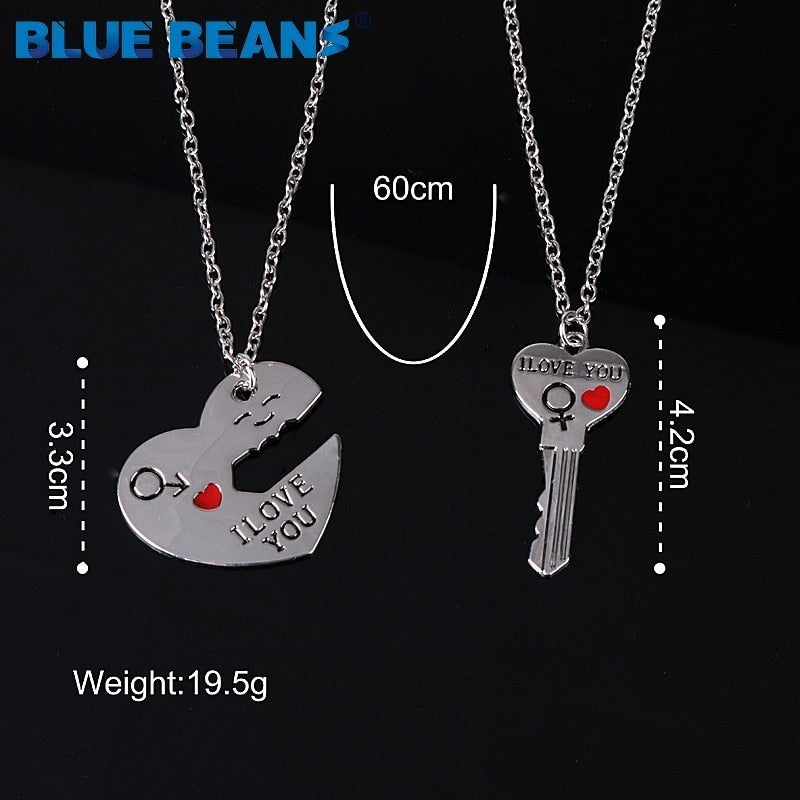 2Pcs/Set Romantic Couple Necklaces Engrave I Love You Love Heart&Key chains pendants Silver Color Chain Collares jewerly Selling