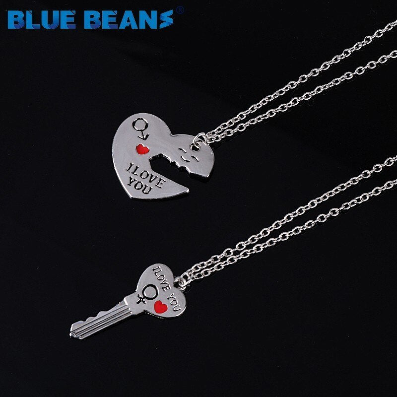 2Pcs/Set Romantic Couple Necklaces Engrave I Love You Love Heart&Key chains pendants Silver Color Chain Collares jewerly Selling