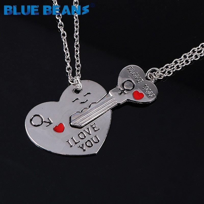 2Pcs/Set Romantic Couple Necklaces Engrave I Love You Love Heart&Key chains pendants Silver Color Chain Collares jewerly Selling