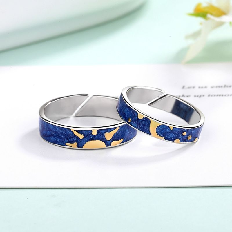 2Pcs/Set Van Gogh Blue Starry Sky Open Ring Star Moon Always Thinking You Lover Couple Ring