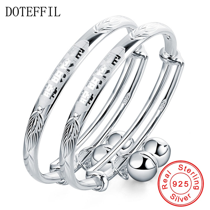 2Pcs Solid 925 Sterling Silver Bangles Bracelet Chinese Translated As Smart Lively Boys Girls Baby Bracelet Bangles Jewelry