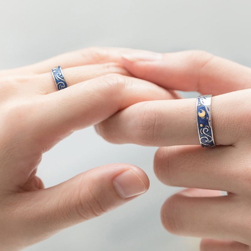 2Pcs Van Gogh Blue Starry Sky Open Lover Rings Band Jewelry