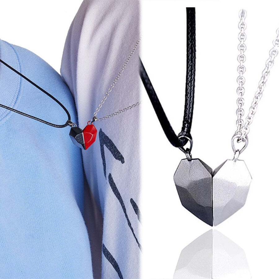 2Pcs/set Magnetic Couple Necklace Lovers Heart Black Red White Pendant Distance Faceted Charm Necklace Women Valentines Day Gift